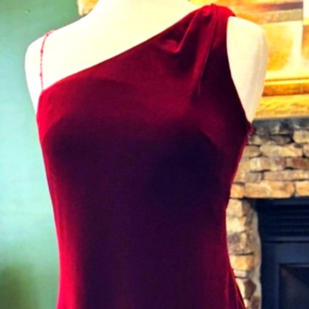 Elegant Cranberry, One Shoulder, Velvet, Floor length Evening Gown, Size 6 - Picture 4 of 9